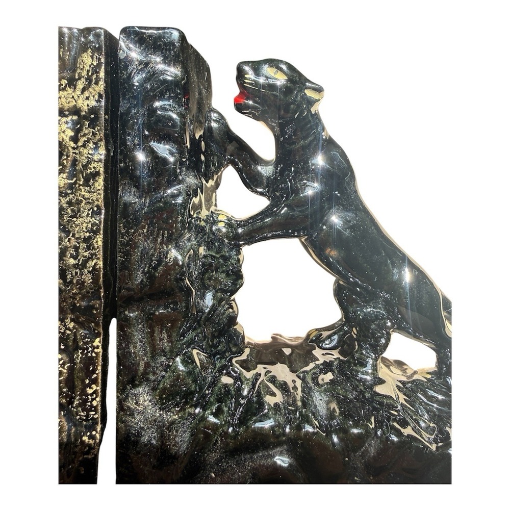 One Mid-Century/Hollywood Regency Black Panther w Gold Bookend, Glazed Redware - Picture 4 of 7